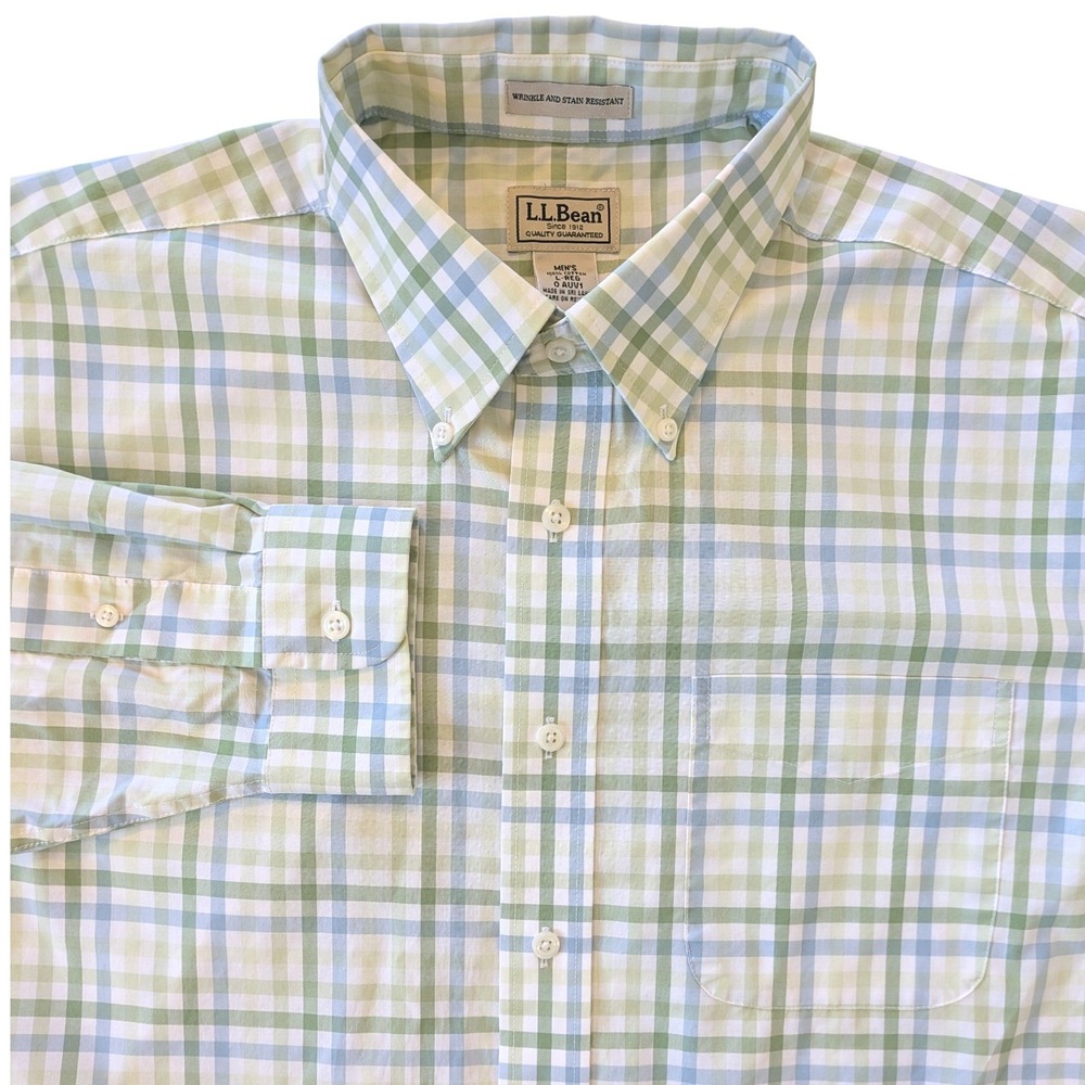 LL Bean Mens Large Regular Plaid Button Down Shirt Green Blue Wrinkle Resistant